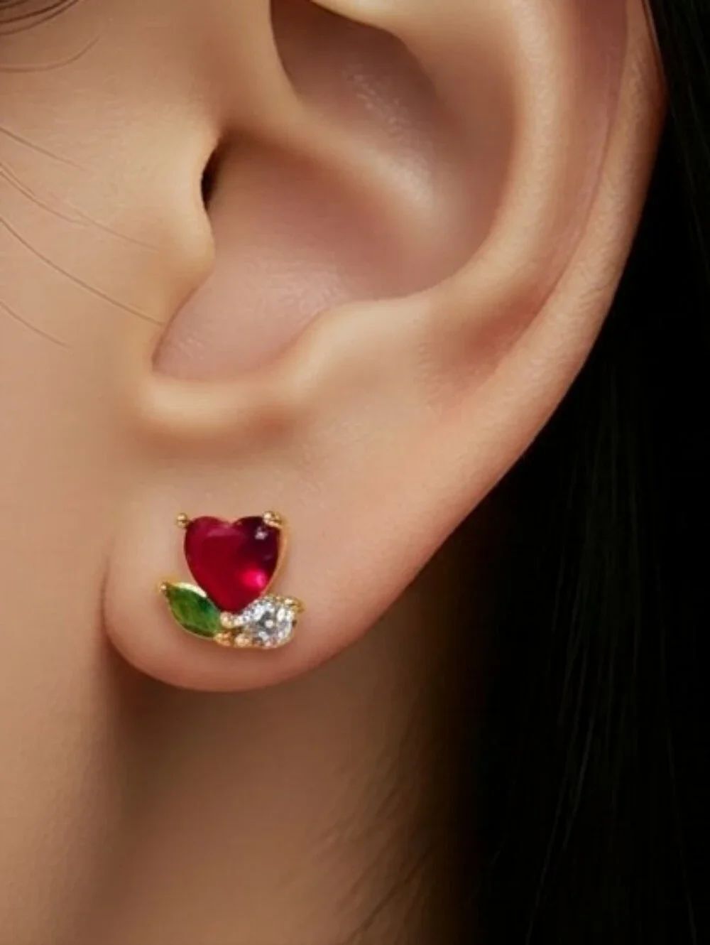 Red Rose Heart Earrings Gold CZ Romantic Love Jewelry Petite Studs Feminine Gift